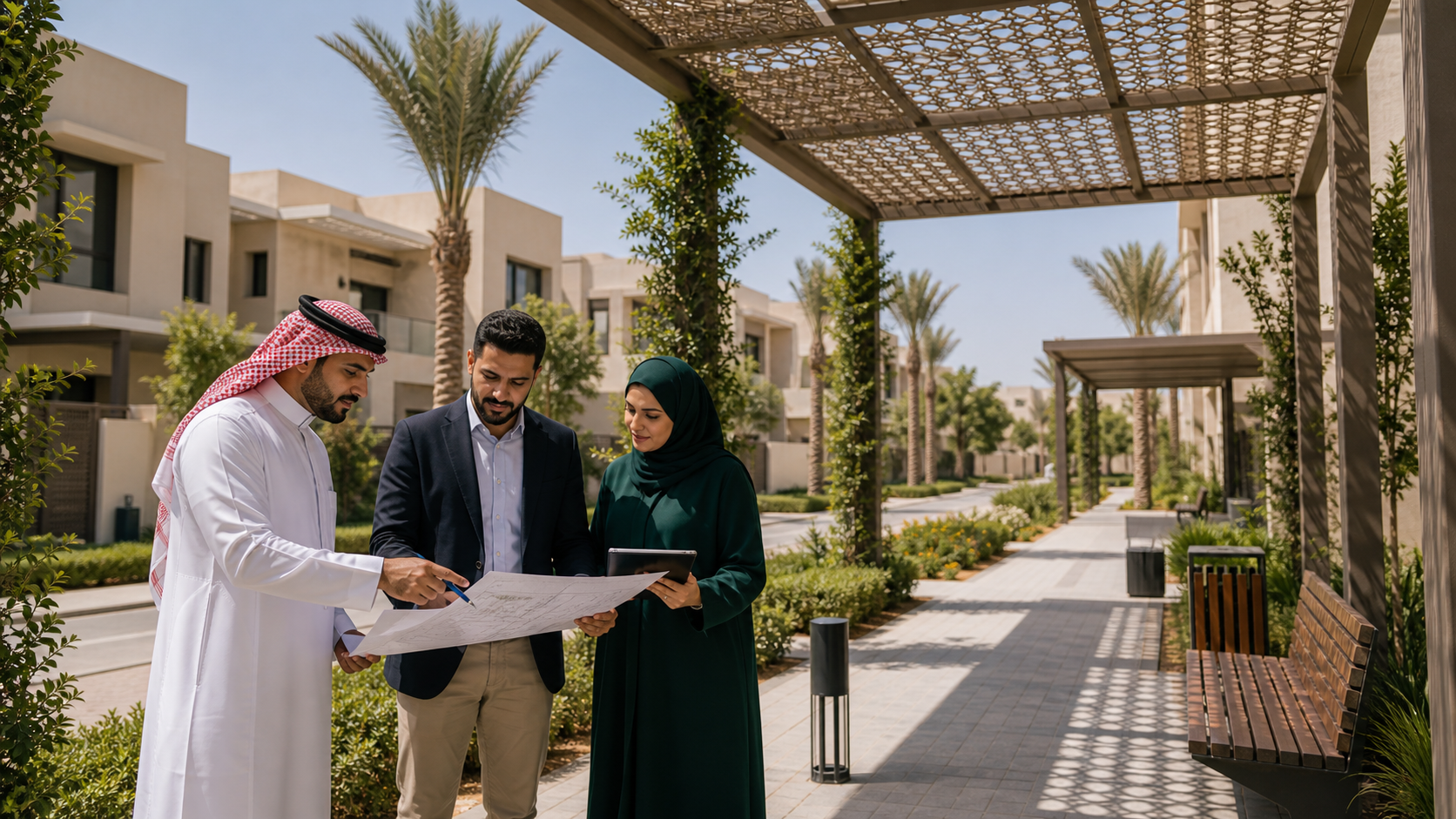 تصميم حلول ظل للممرات الخارجية في المشاريع السكنية