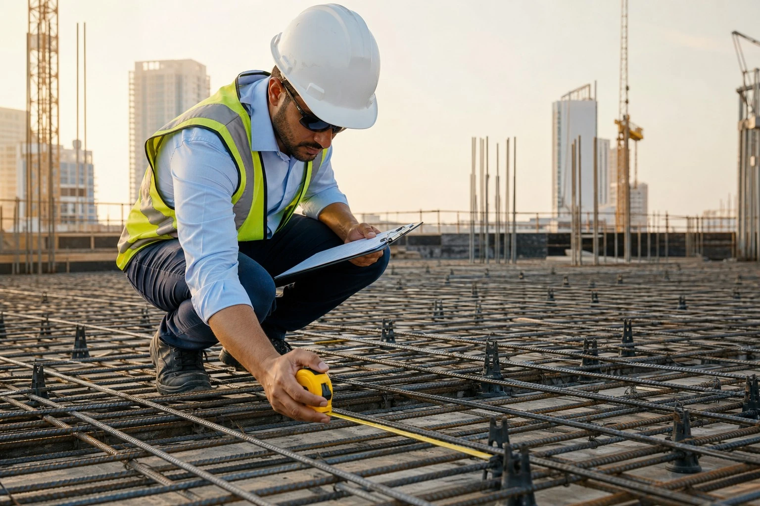 فحص حديد التسليح قبل الصب وفق المخططات المعتمدة
